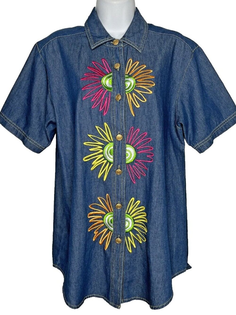 Vintage 90s Bob Mackie Blue Denim Shirt Top Size S Funky Floral Embroidered